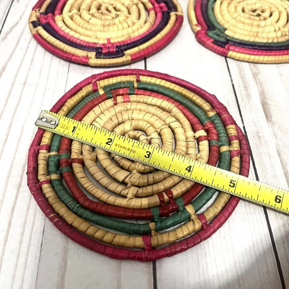 Vintage Handwoven Straw Coasters Set of 8 Boho Folk Art Woven Fiber 5”